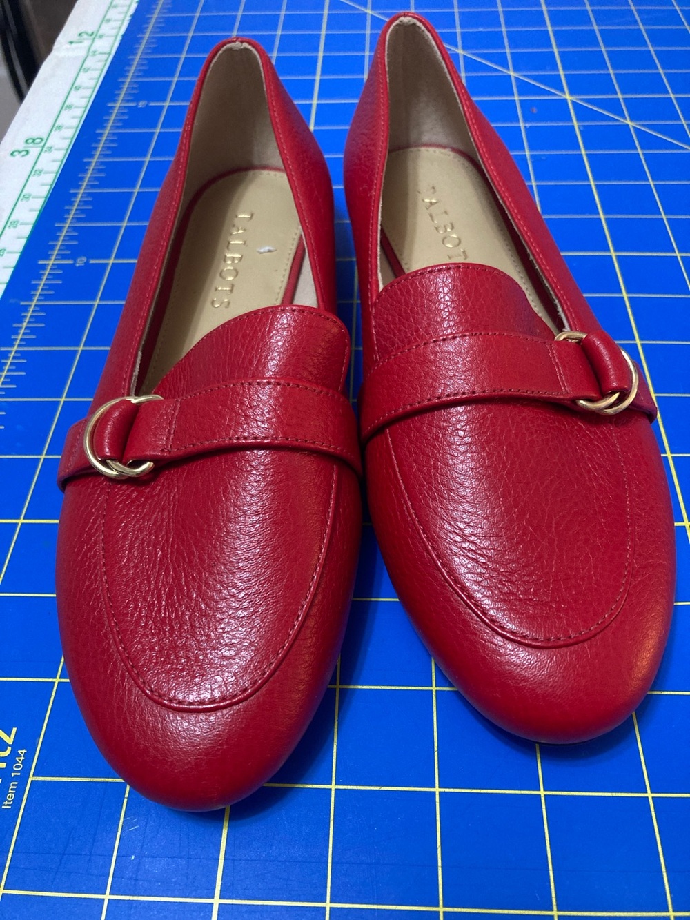 Talbots Red Leather Loafers with Gold Ring Detail